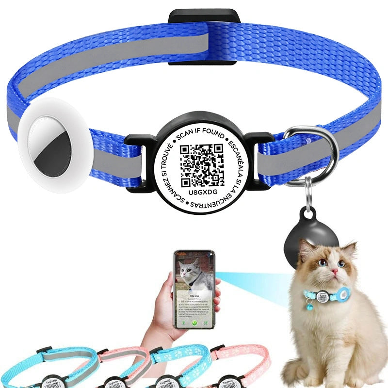 Smart Cat Collar with Lost Pet QR Code, AirTag & TrackerOne Tag Compatible, Adjustable Reflective Cat Collar with Bell