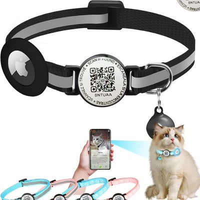 Smart Cat Collar with Lost Pet QR Code, AirTag & TrackerOne Tag Compatible, Adjustable Reflective Cat Collar with Bell