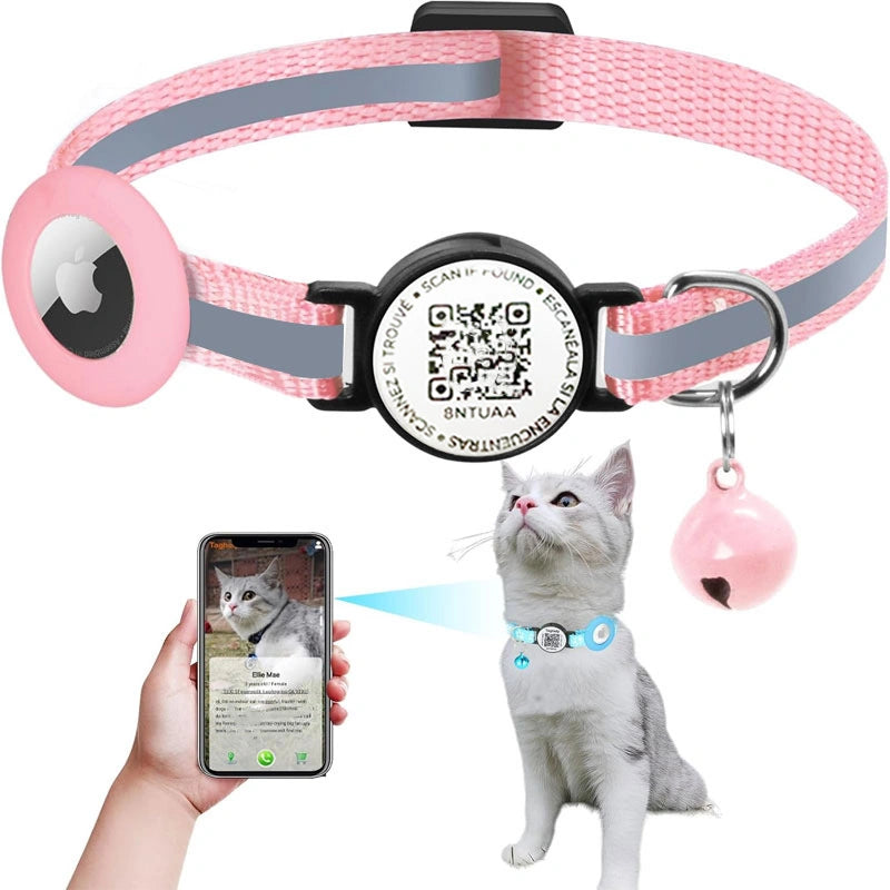 Smart Cat Collar with Lost Pet QR Code, AirTag & TrackerOne Tag Compatible, Adjustable Reflective Cat Collar with Bell